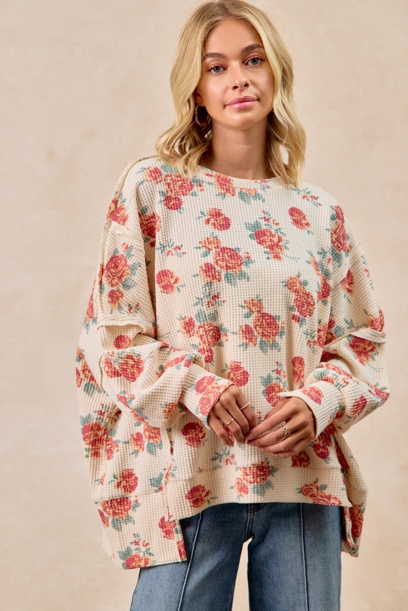 BiBi Floral Print Oversized Waffle Thermal Sweatshirt - Wow Store