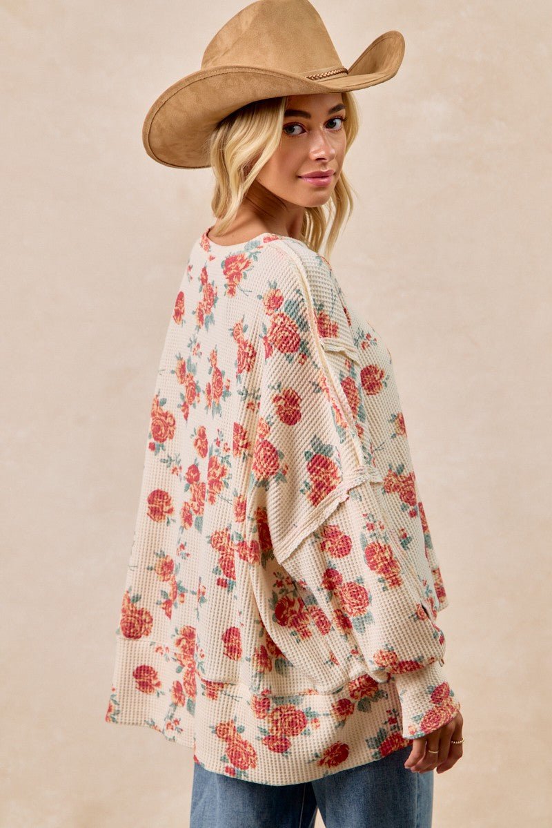 BiBi Floral Print Oversized Waffle Thermal Sweatshirt - Wow Store