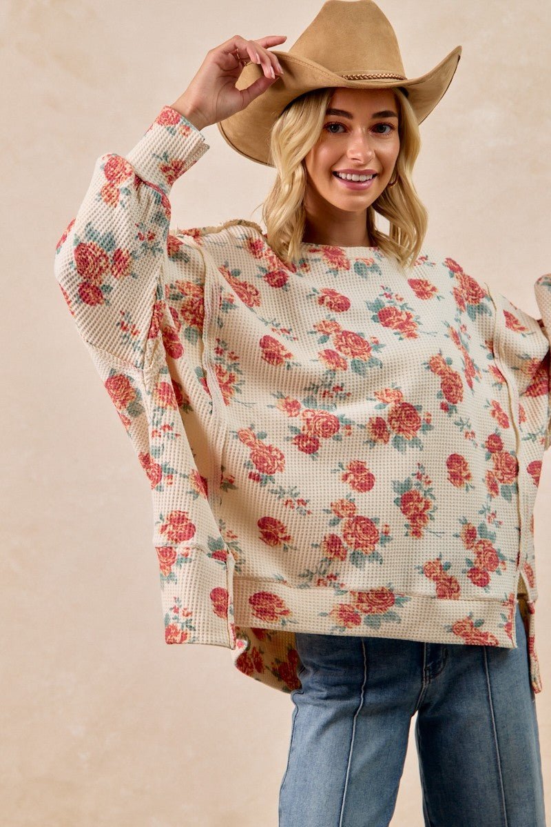 BiBi Floral Print Oversized Waffle Thermal Sweatshirt - Wow Store
