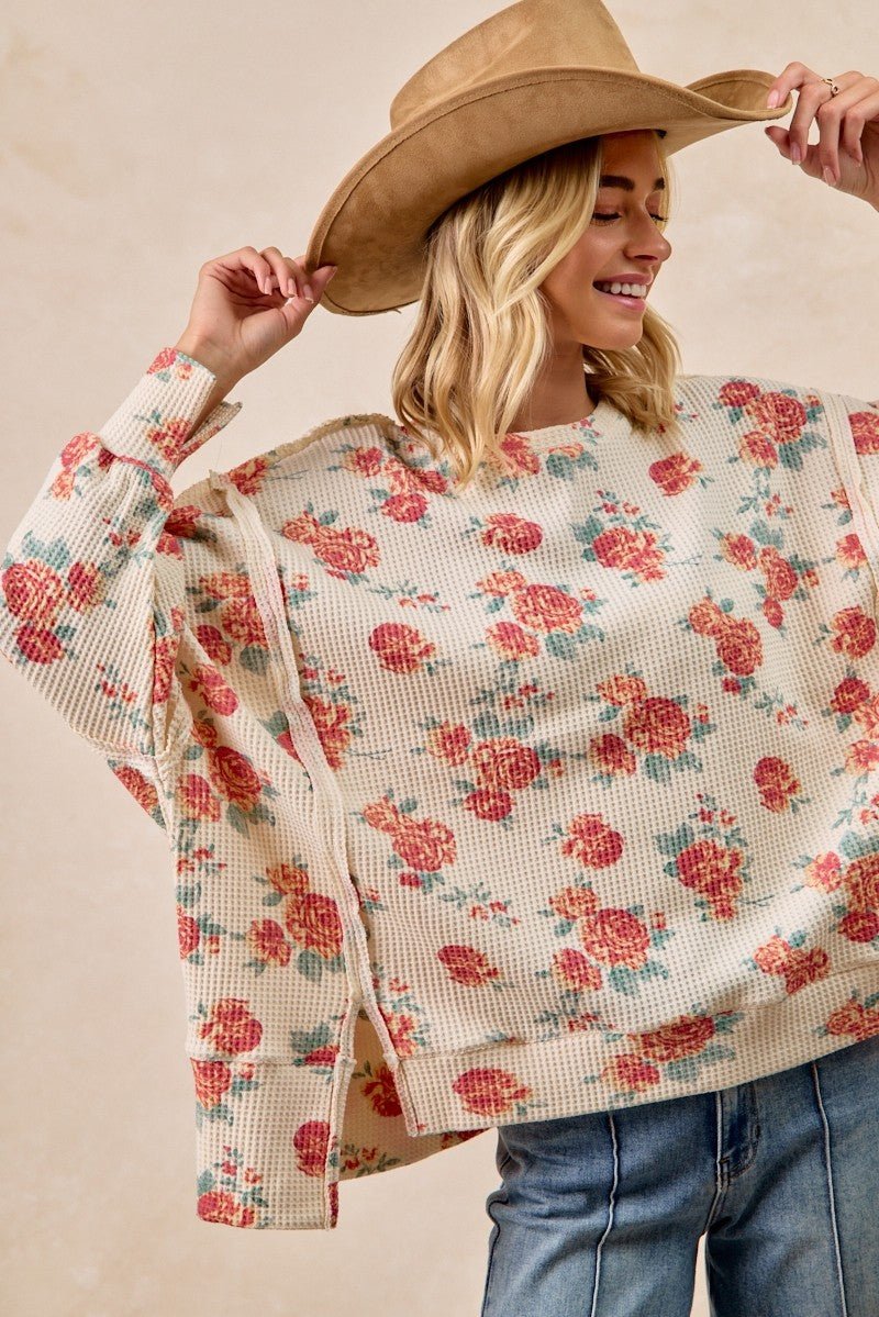 BiBi Floral Print Oversized Waffle Thermal Sweatshirt - Wow Store