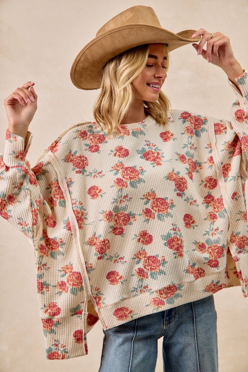 BiBi Floral Print Oversized Waffle Thermal Sweatshirt - Wow Store