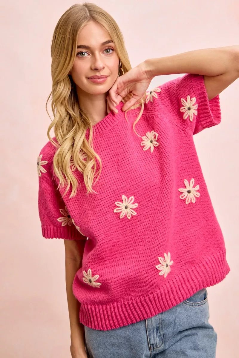BiBi Flower Embroidered Short Sleeve Knit Top - WowStore.live