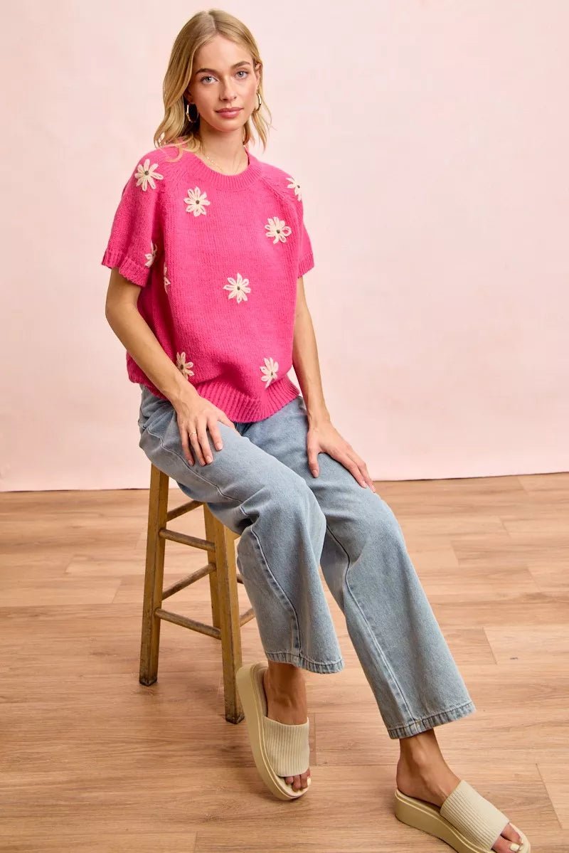 BiBi Flower Embroidered Short Sleeve Knit Top - WowStore.live