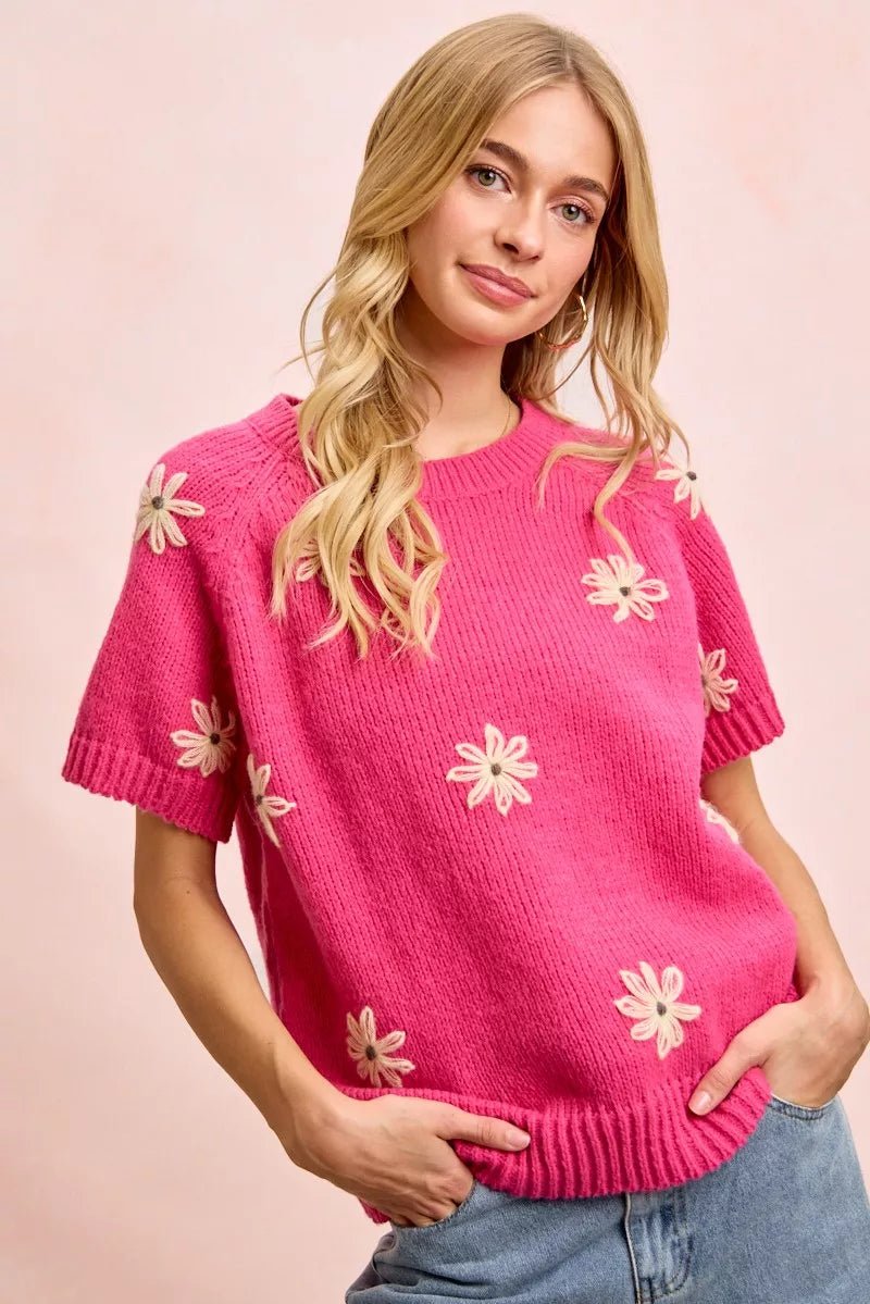 BiBi Flower Embroidered Short Sleeve Knit Top - WowStore.live