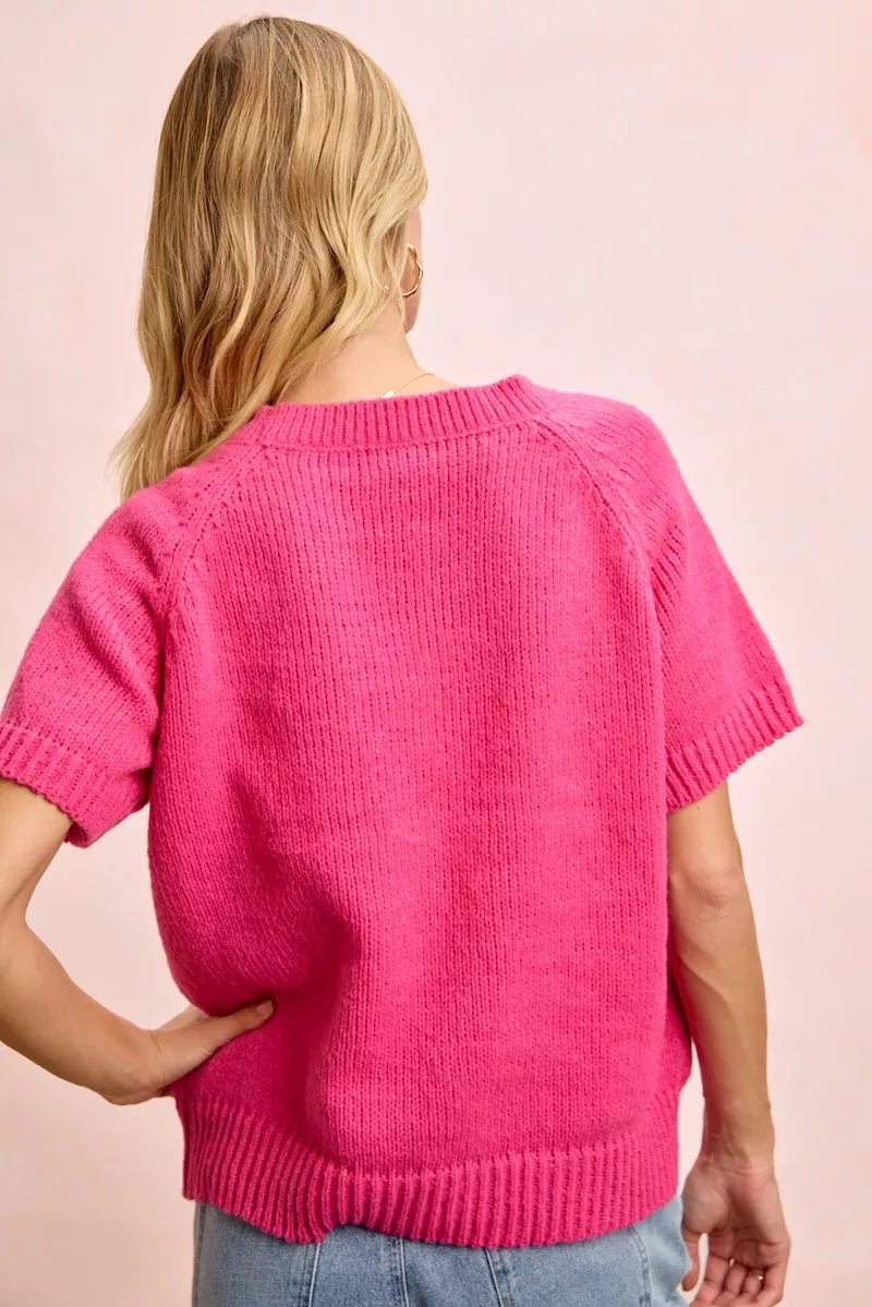 BiBi Flower Embroidered Short Sleeve Knit Top - WowStore.live