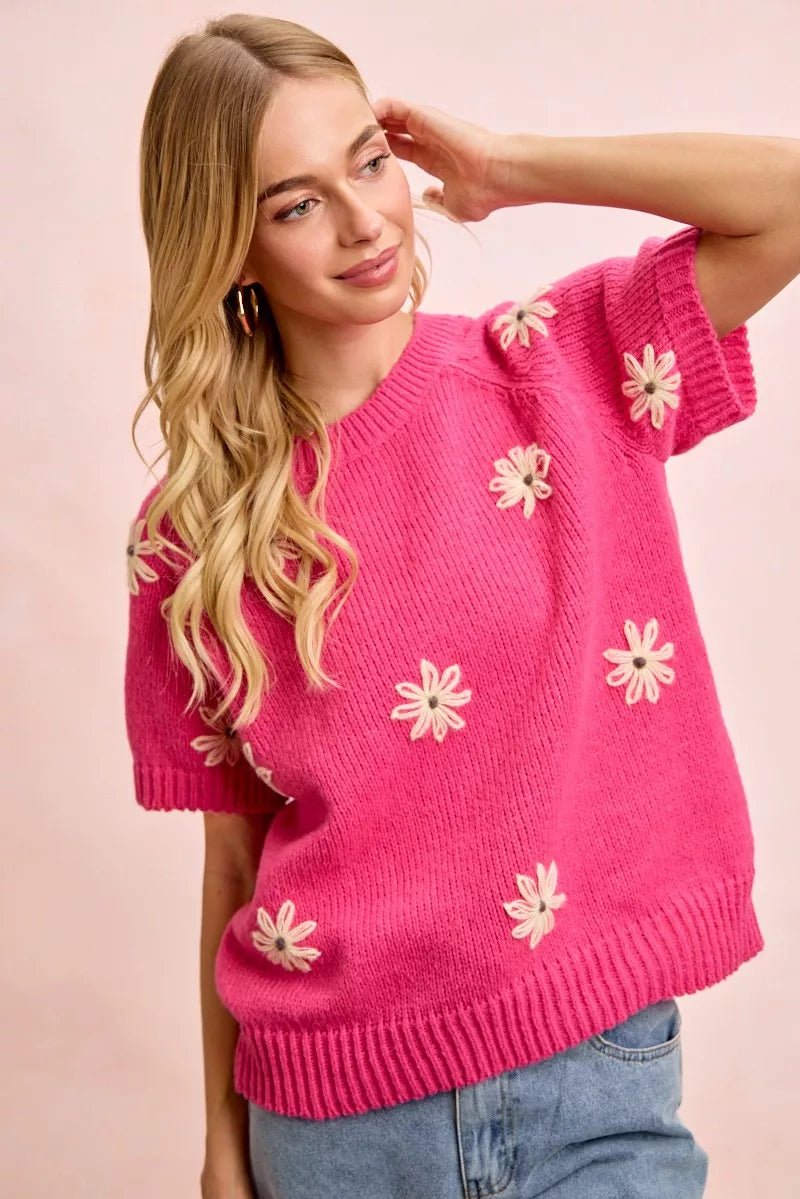 BiBi Flower Embroidered Short Sleeve Knit Top - WowStore.live