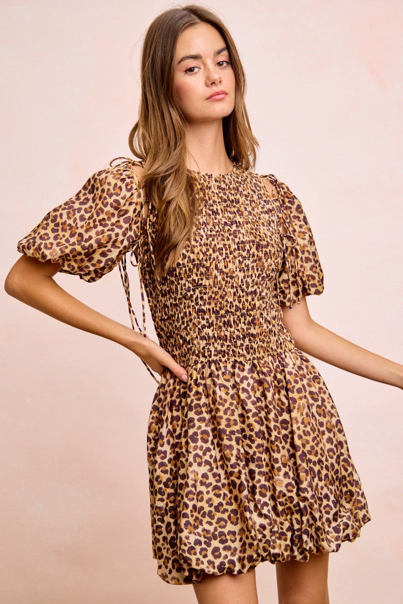 BiBi Leopard Bow Tie Attachable Puff Sleeves Dress - Wow Store