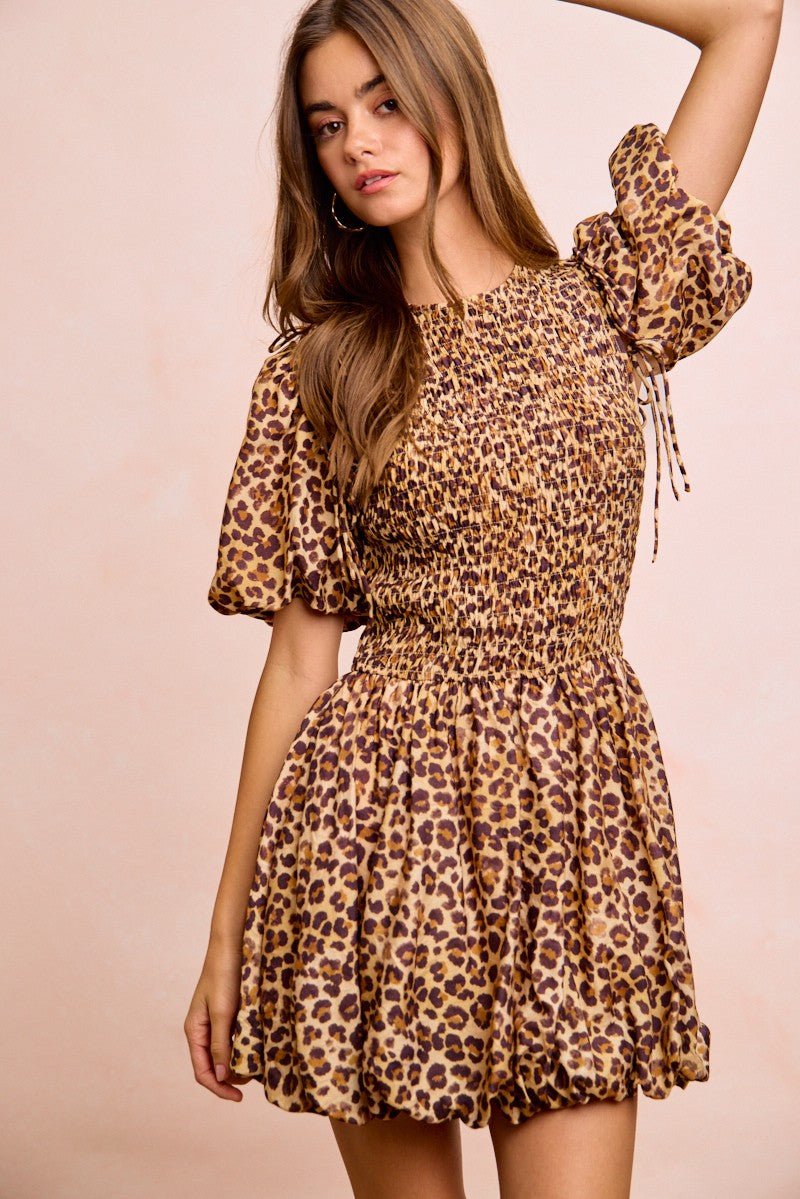 BiBi Leopard Bow Tie Attachable Puff Sleeves Dress - Wow Store