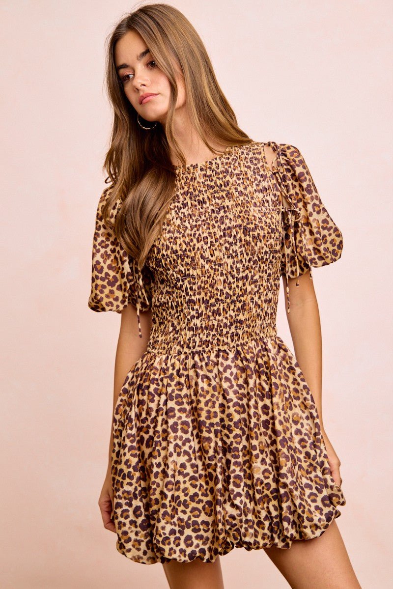 BiBi Leopard Bow Tie Attachable Puff Sleeves Dress - Wow Store