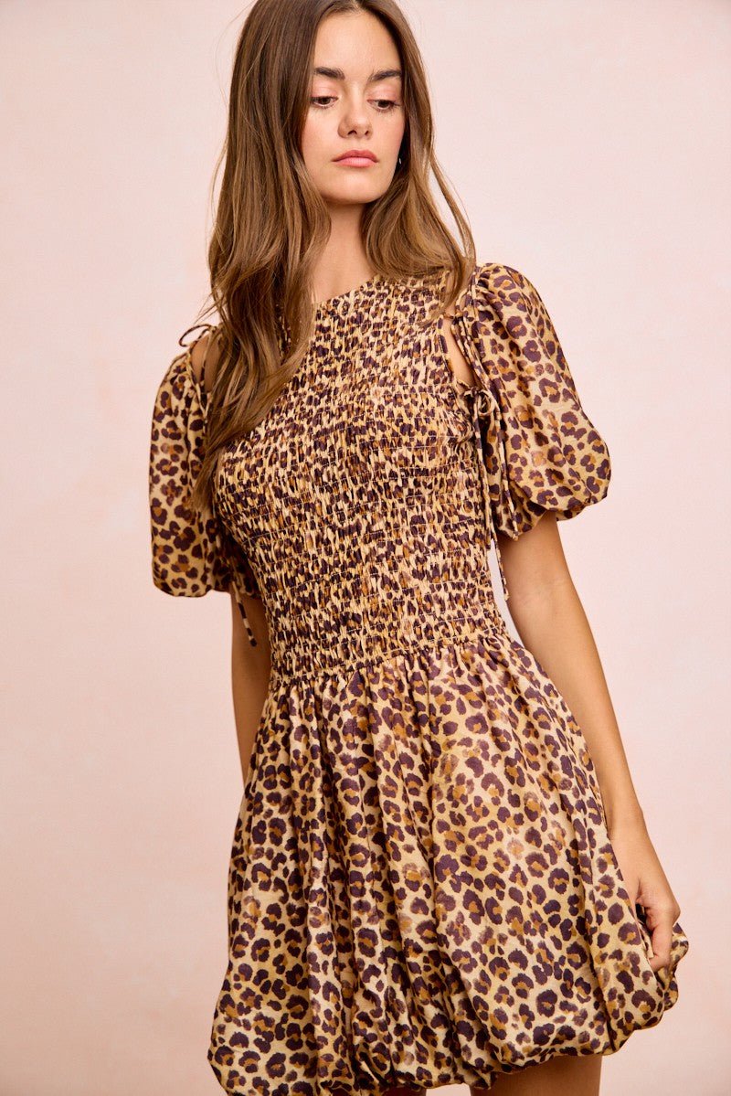 BiBi Leopard Bow Tie Attachable Puff Sleeves Dress - Wow Store