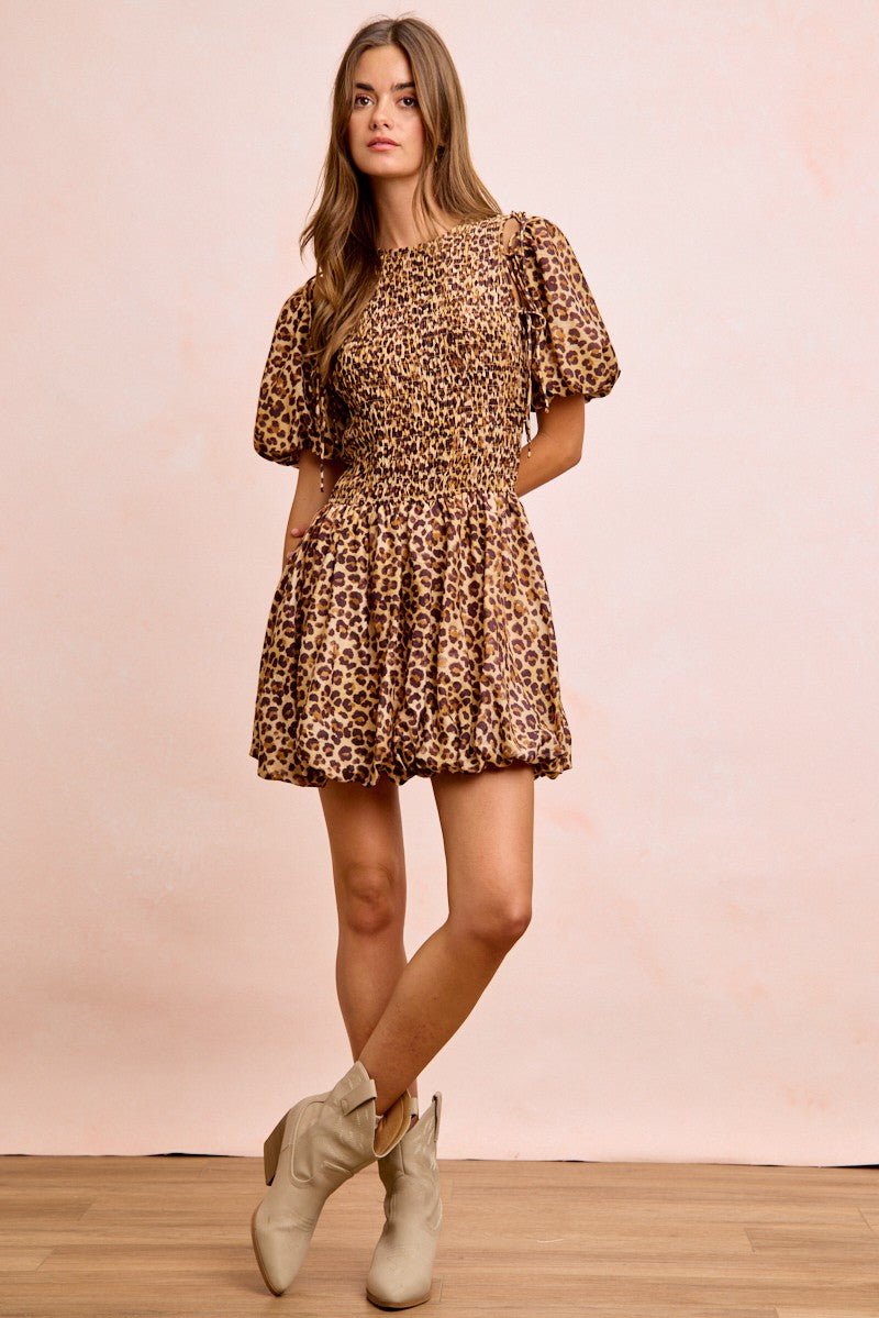 BiBi Leopard Bow Tie Attachable Puff Sleeves Dress - Wow Store