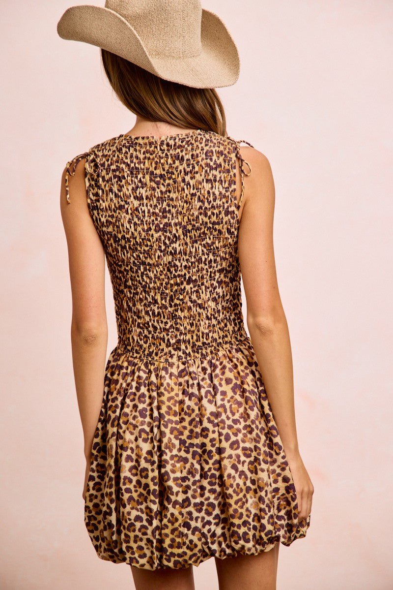 BiBi Leopard Bow Tie Attachable Puff Sleeves Dress - Wow Store