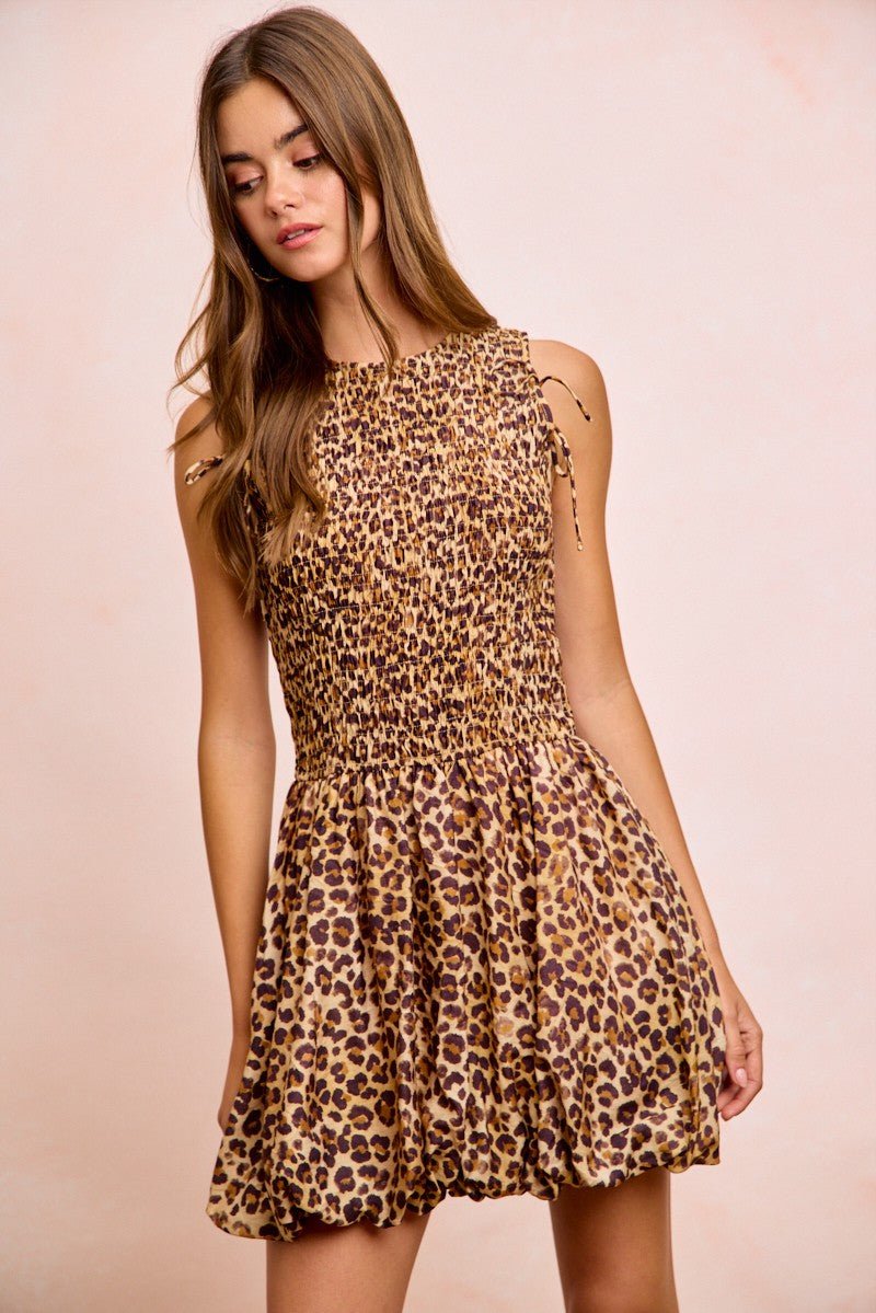 BiBi Leopard Bow Tie Attachable Puff Sleeves Dress - Wow Store