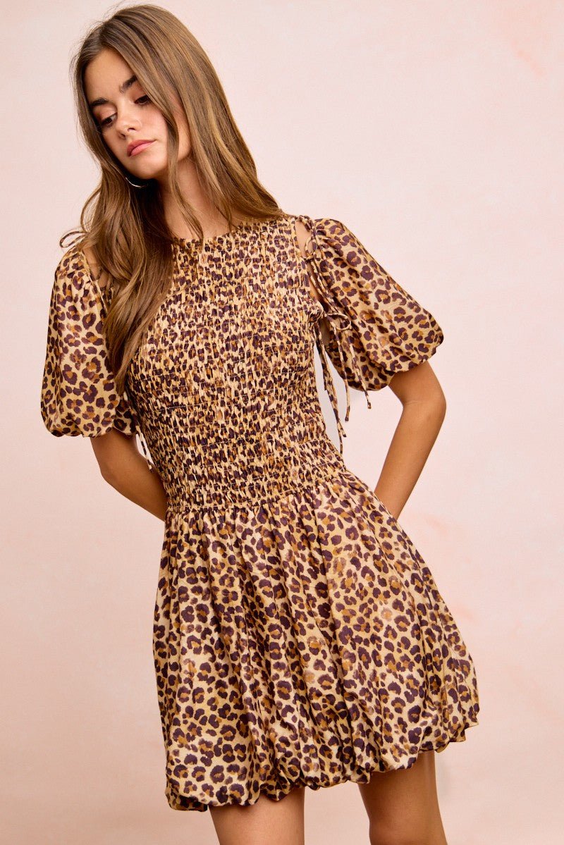 Leopard print dress with detachable bow tie and puff sleeves, BiBi style fashion piece