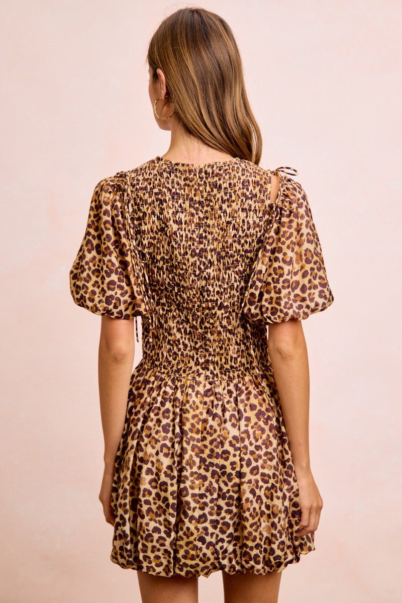 BiBi Leopard Bow Tie Attachable Puff Sleeves Dress - Wow Store