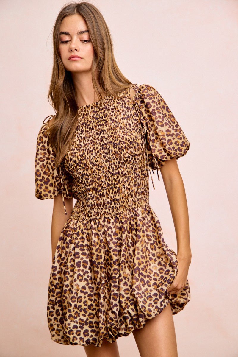 BiBi Leopard Bow Tie Attachable Puff Sleeves Dress - Wow Store