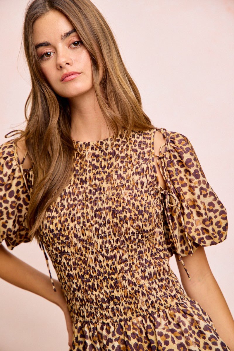 BiBi Leopard Bow Tie Attachable Puff Sleeves Dress - Wow Store
