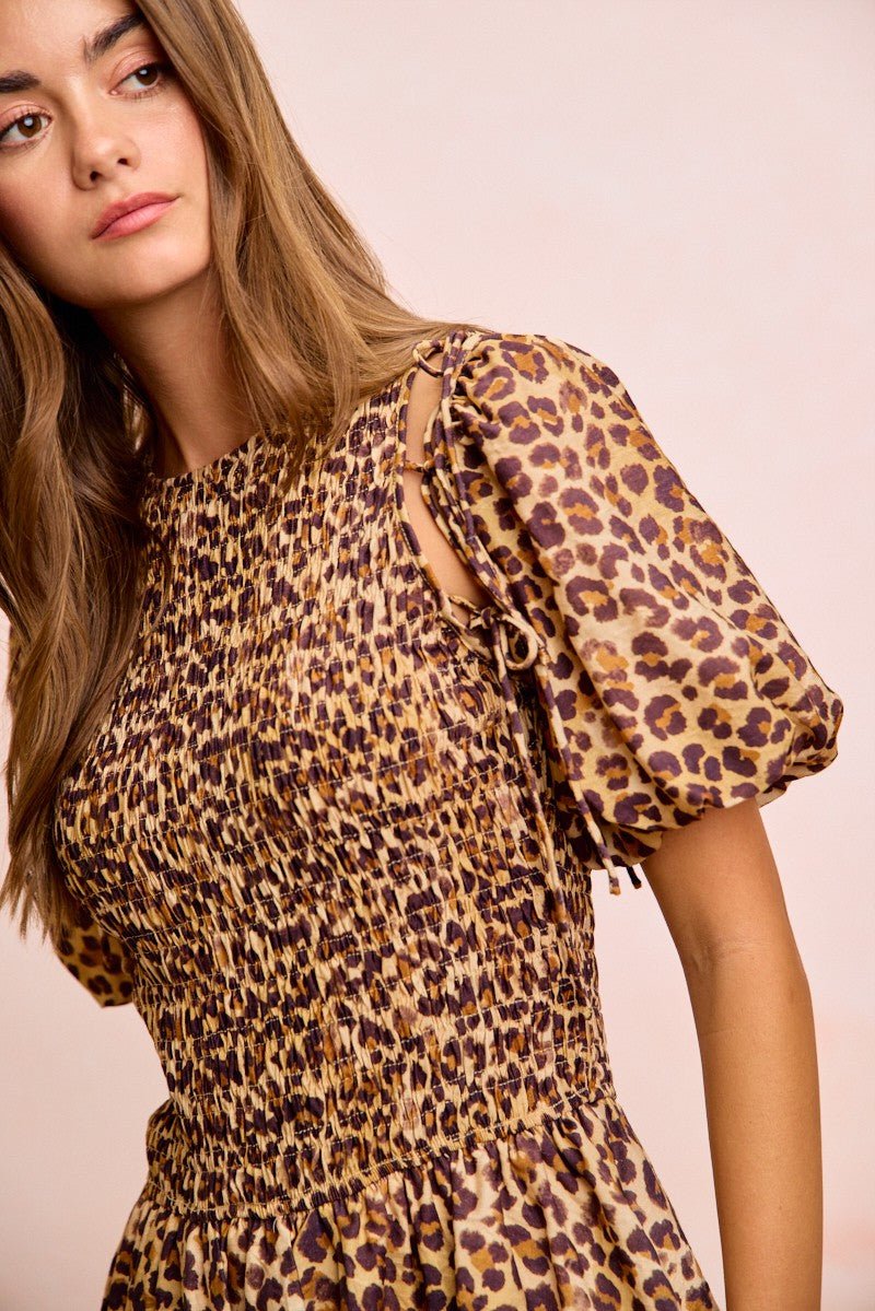 BiBi Leopard Bow Tie Attachable Puff Sleeves Dress - Wow Store