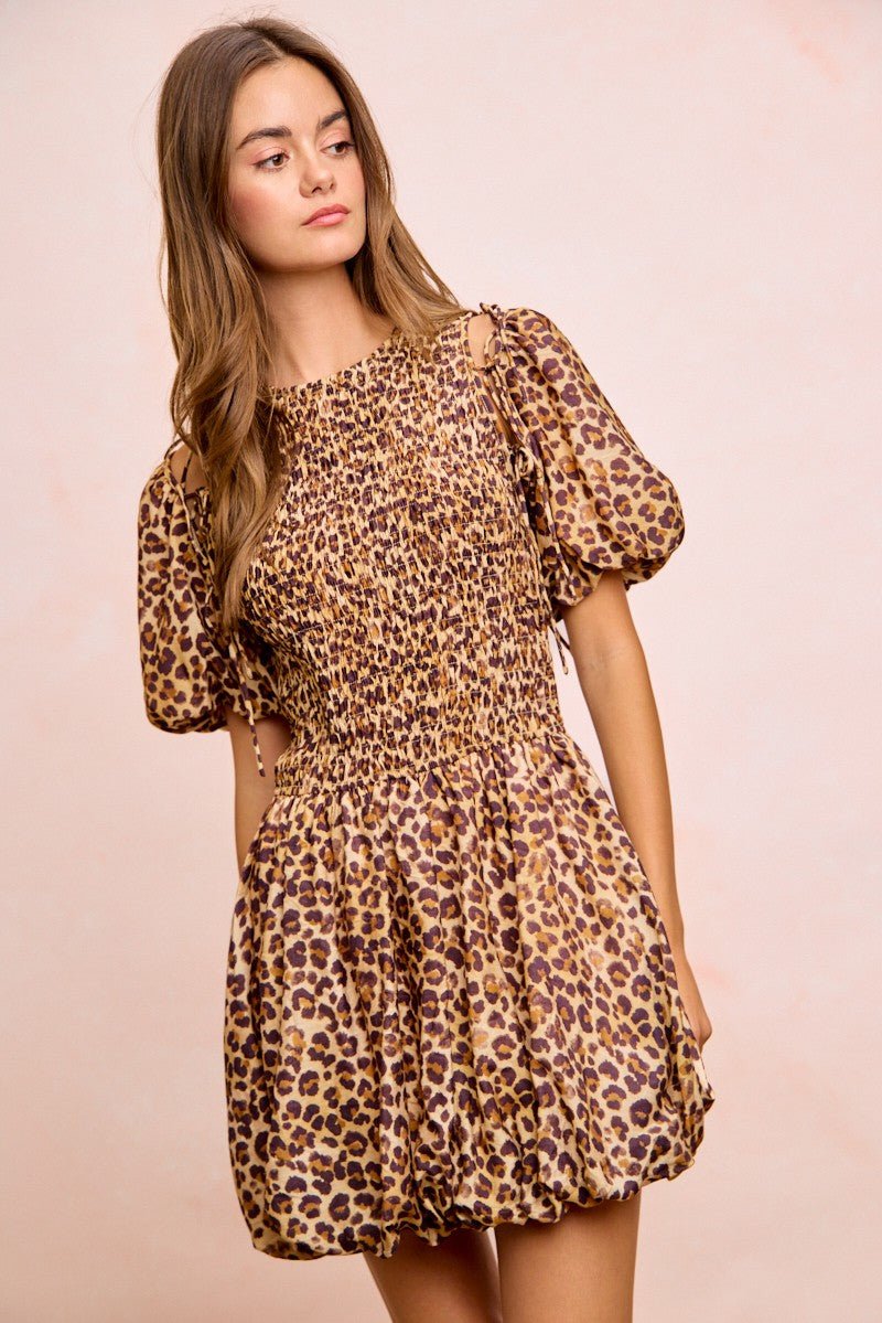 BiBi Leopard Bow Tie Attachable Puff Sleeves Dress - Wow Store