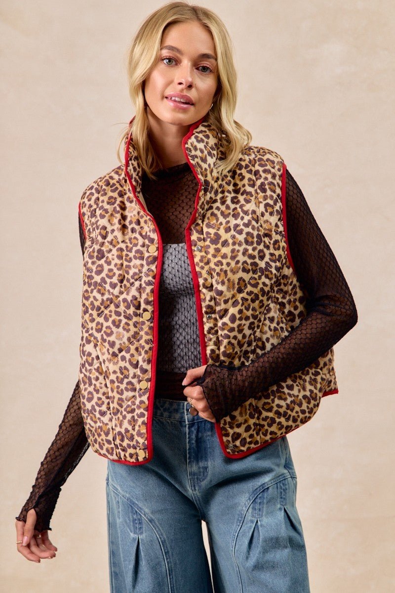 BiBi Leopard Print Piping Detail Quilted Vest - Wow Store