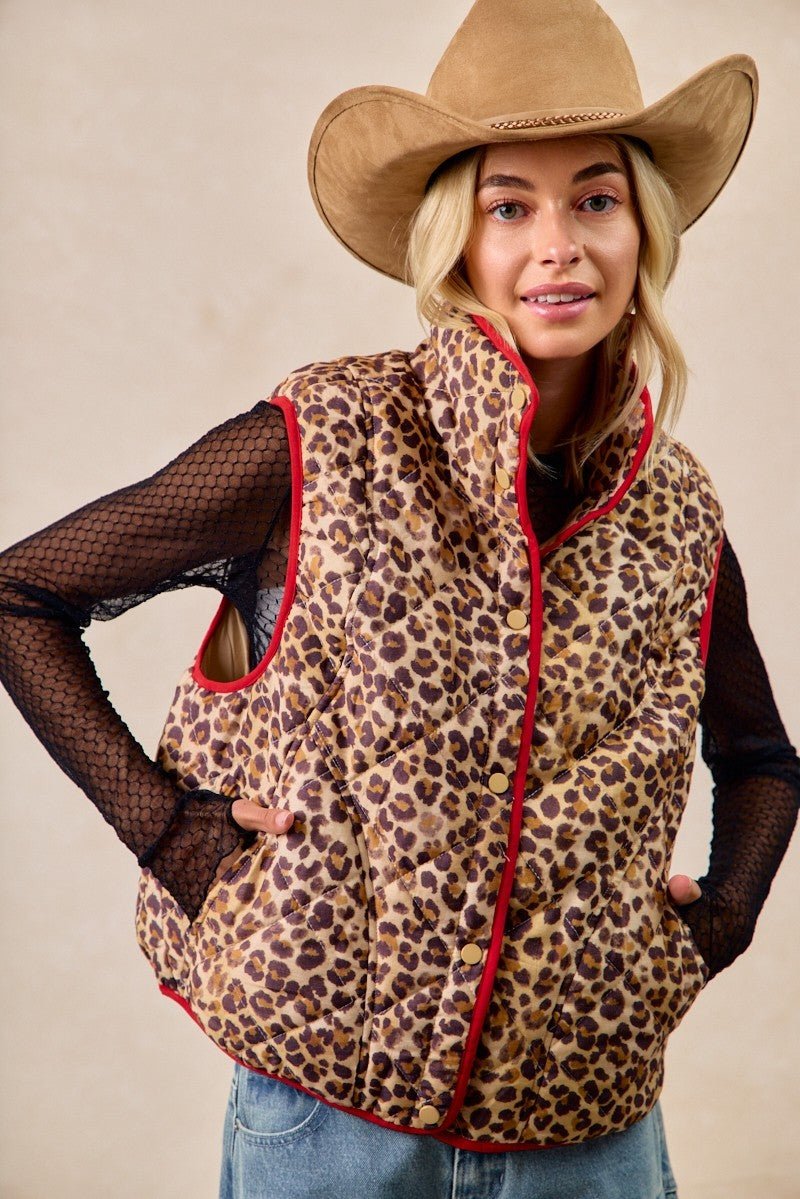 Leopard print vest with red piping and quilted texture – Western style outerwear by BiBi