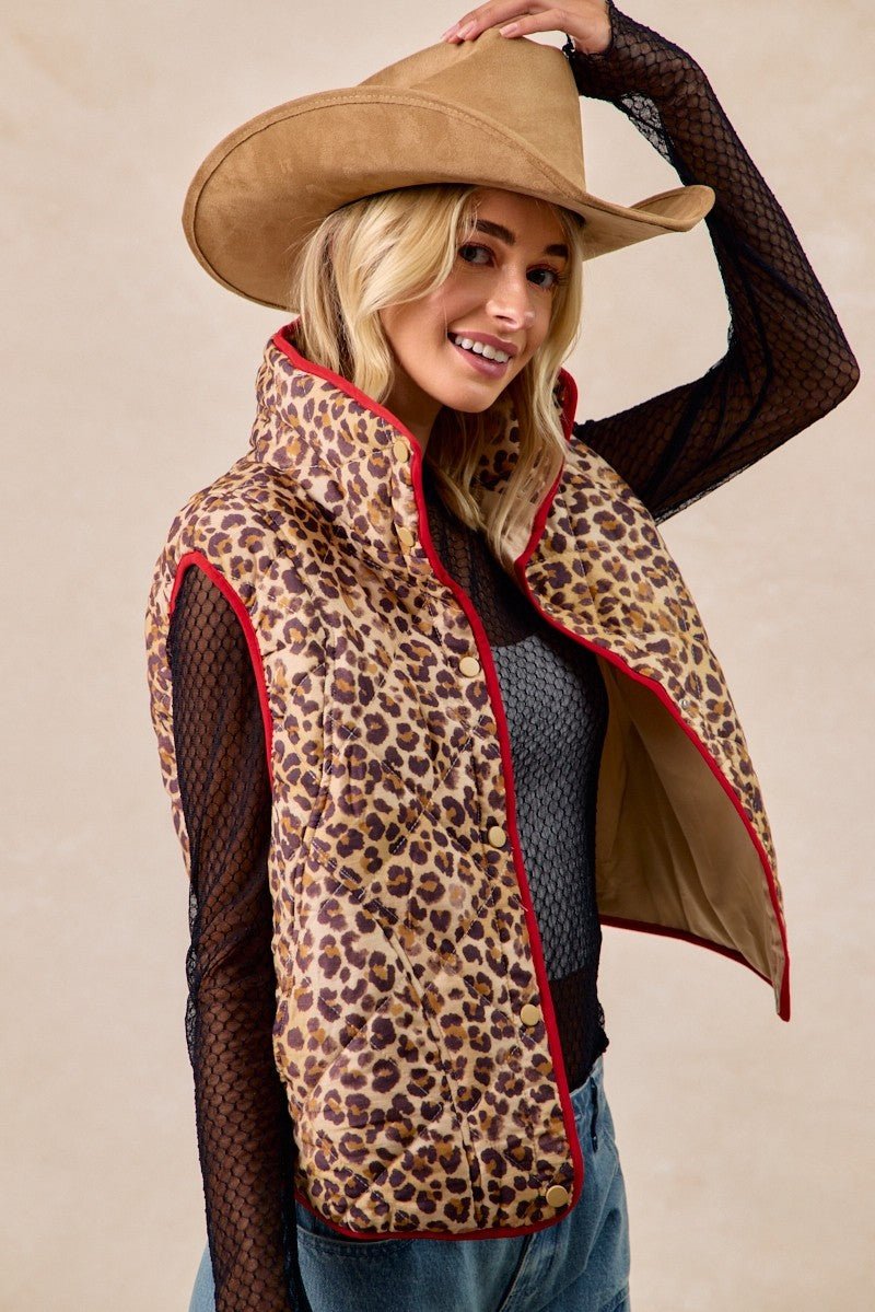 BiBi Leopard Print Piping Detail Quilted Vest - Wow Store