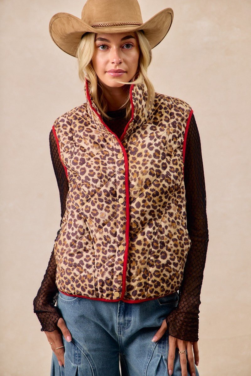 BiBi Leopard Print Piping Detail Quilted Vest - Wow Store