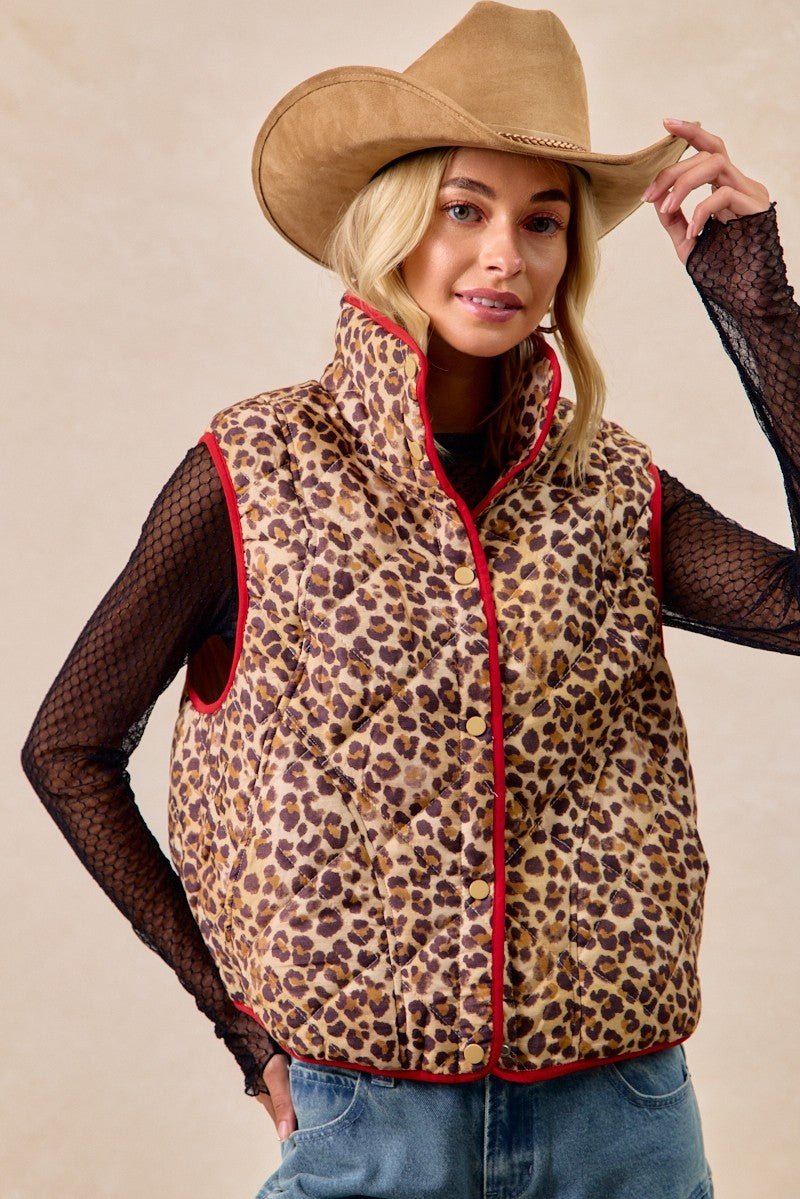 BiBi Leopard Print Piping Detail Quilted Vest - Wow Store