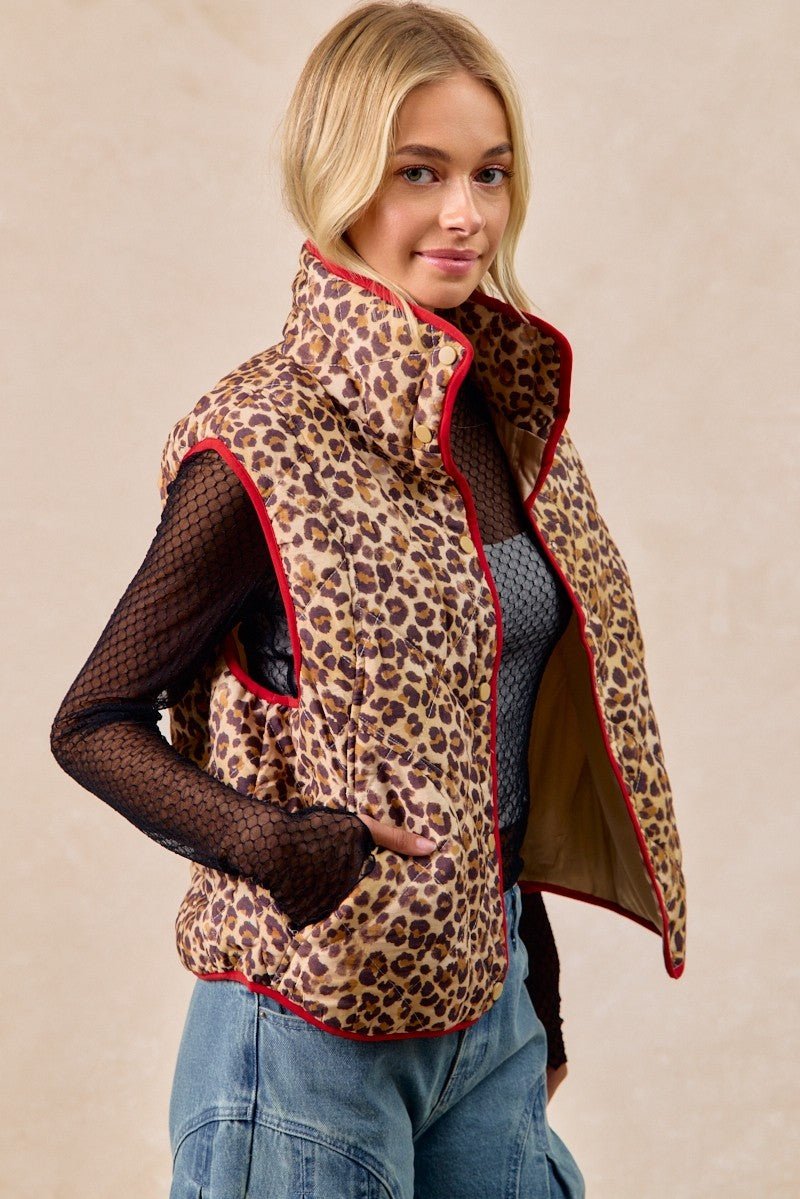BiBi Leopard Print Piping Detail Quilted Vest - Wow Store