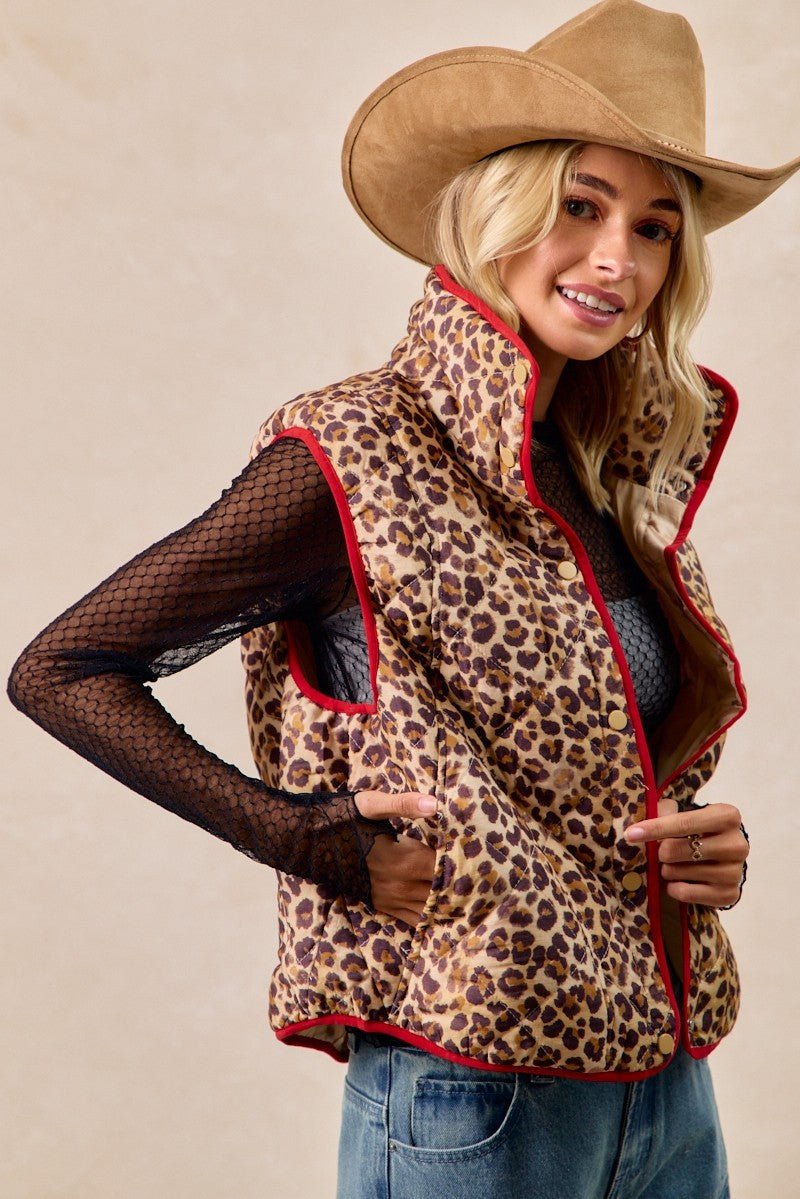 BiBi Leopard Print Piping Detail Quilted Vest - Wow Store