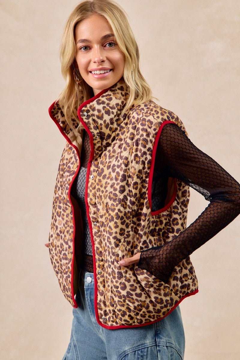 BiBi Leopard Print Piping Detail Quilted Vest - Wow Store