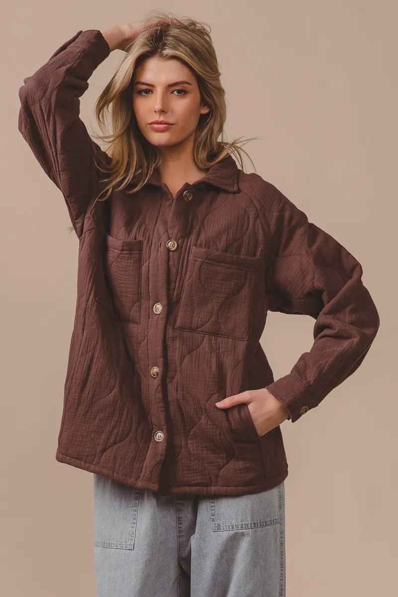 BiBi Quilted Wrinkle Gauze Long Sleeve Shacket - Wow Store