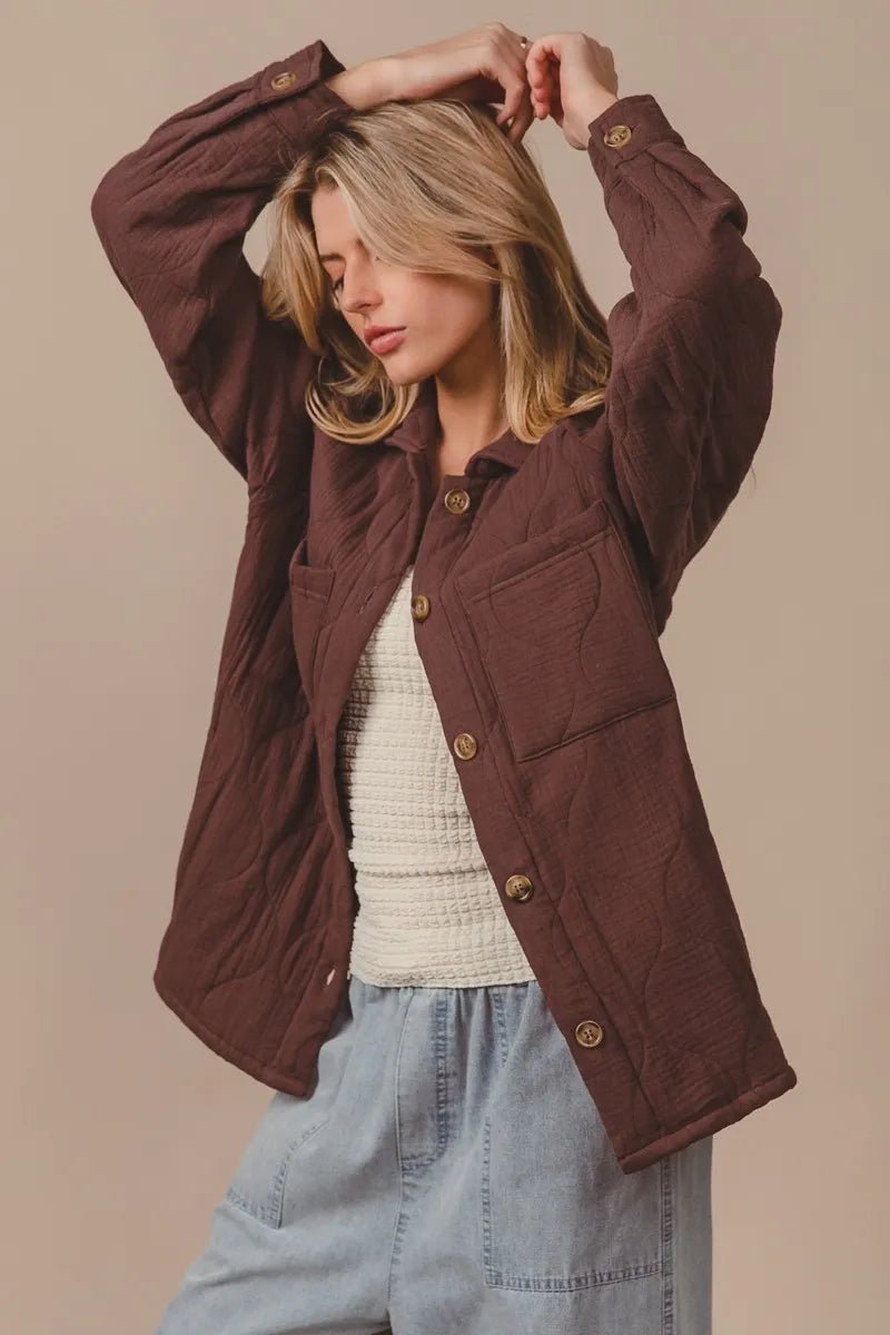 BiBi Quilted Wrinkle Gauze Long Sleeve Shacket - Wow Store