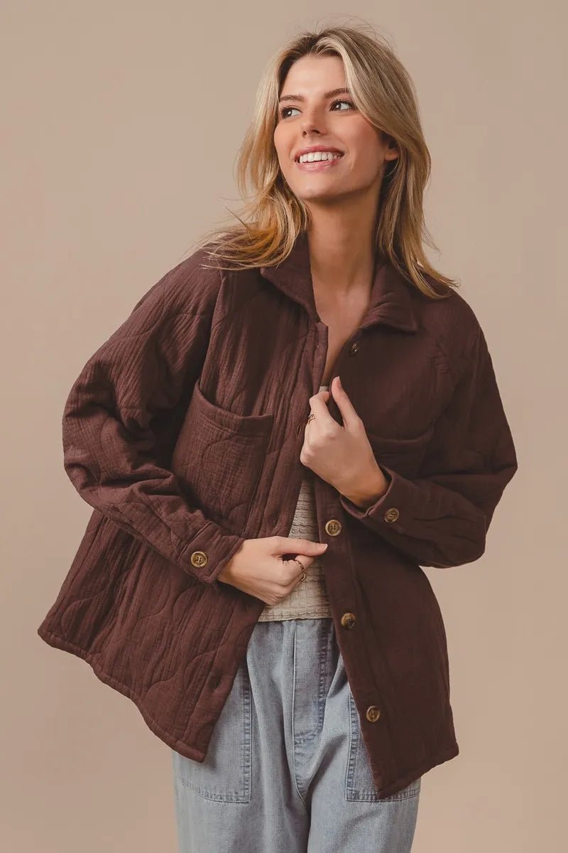 BiBi Quilted Wrinkle Gauze Long Sleeve Shacket - Wow Store