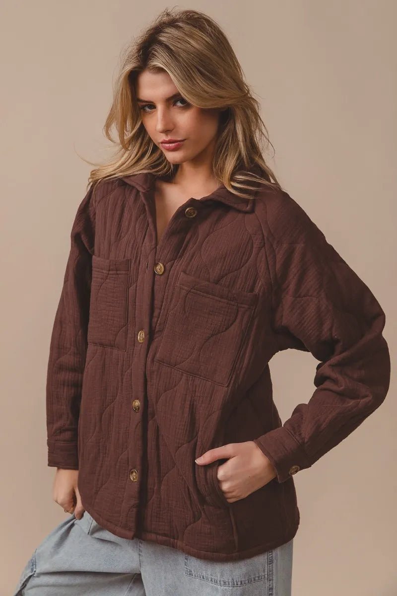 BiBi Quilted Wrinkle Gauze Long Sleeve Shacket - Wow Store