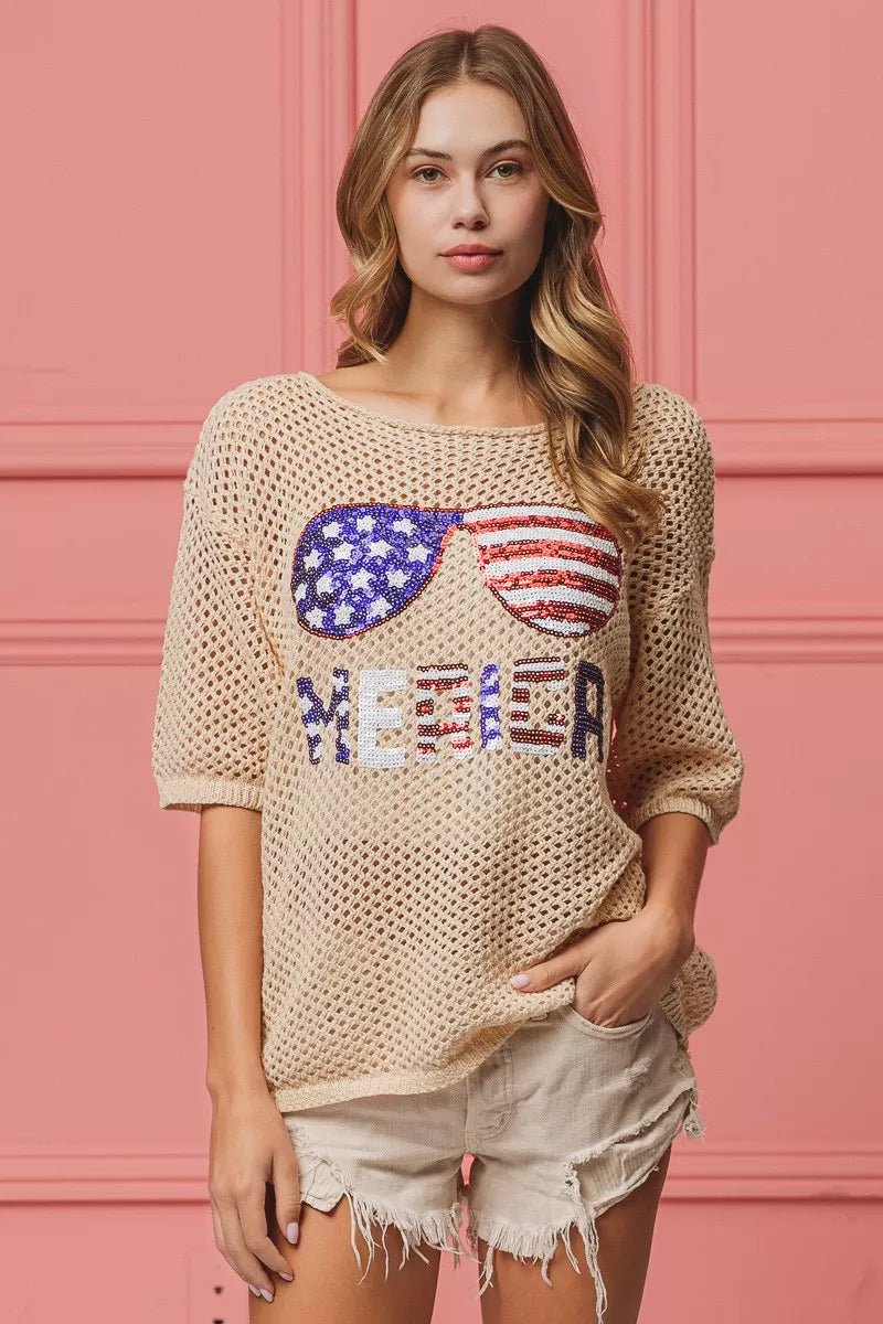 BiBi Sequin American Flag Sunglasses Knit Cover Up - Wow Store