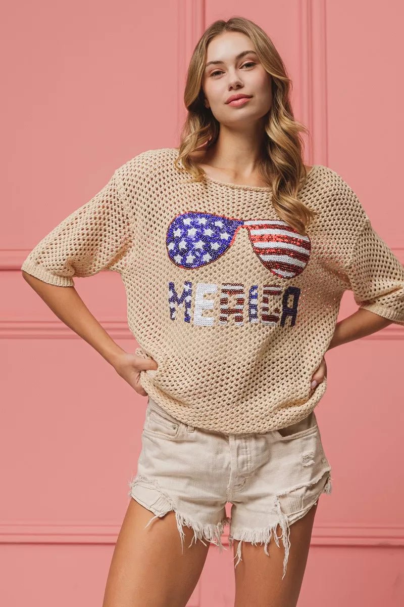 BiBi Sequin American Flag Sunglasses Knit Cover Up - Wow Store