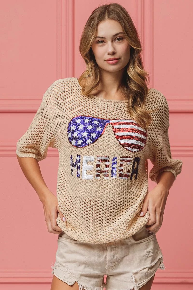 BiBi Sequin American Flag Sunglasses Knit Cover Up - Wow Store