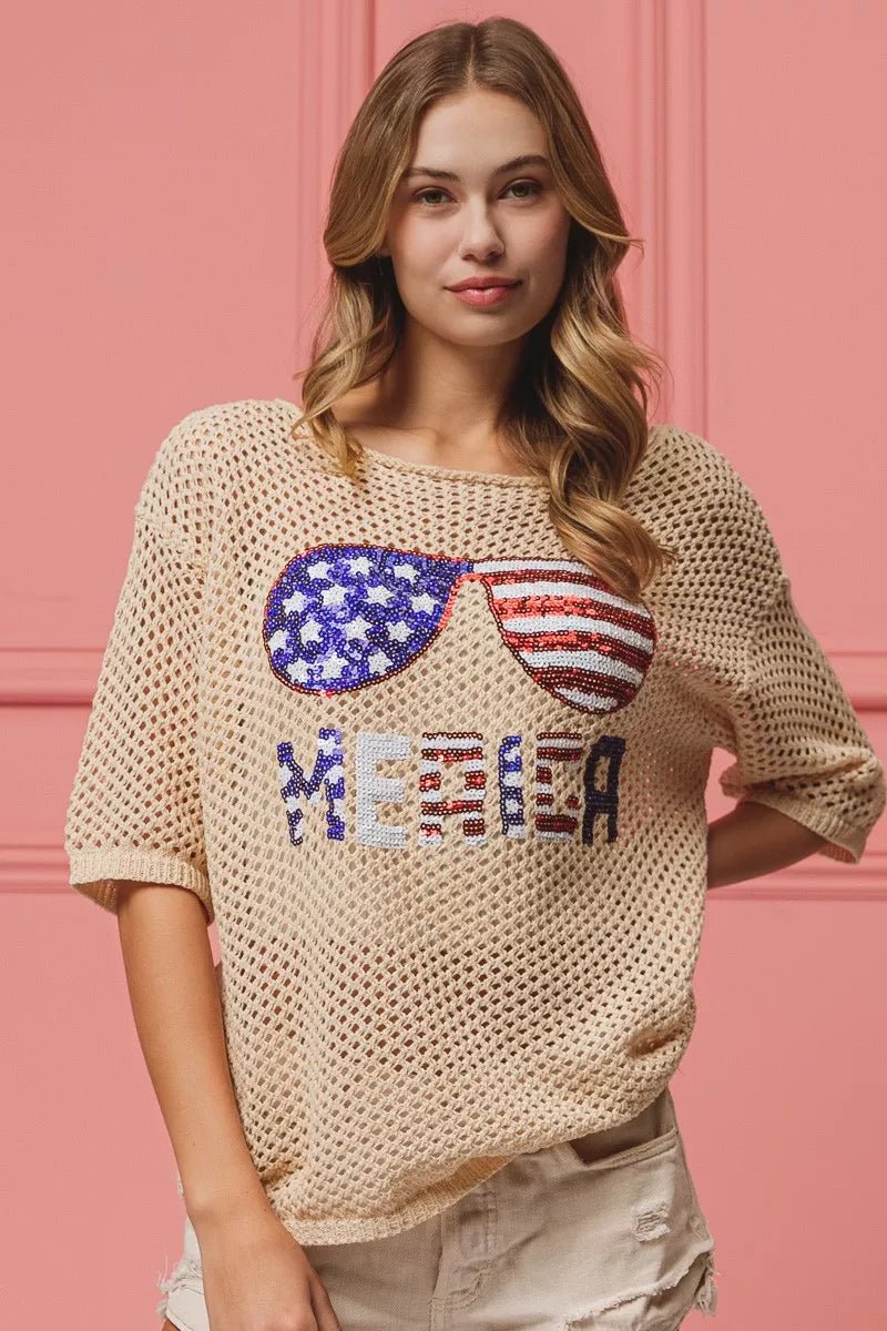 BiBi Sequin American Flag Sunglasses Knit Cover Up - Wow Store