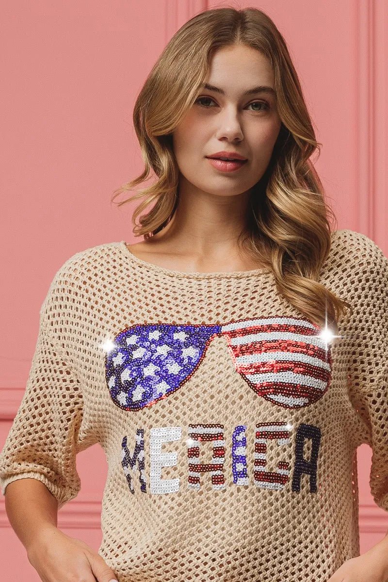 BiBi Sequin American Flag Sunglasses Knit Cover Up - Wow Store