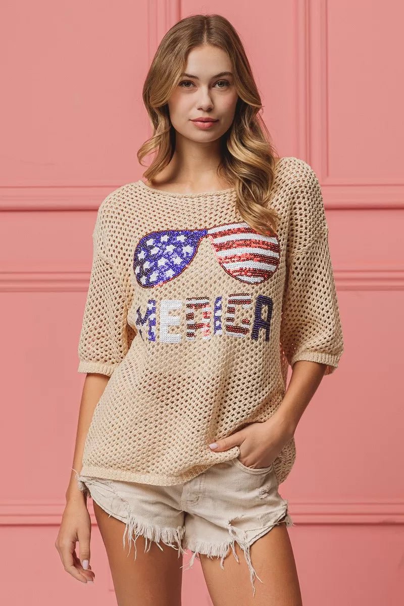 BiBi Sequin American Flag Sunglasses Knit Cover Up - Wow Store