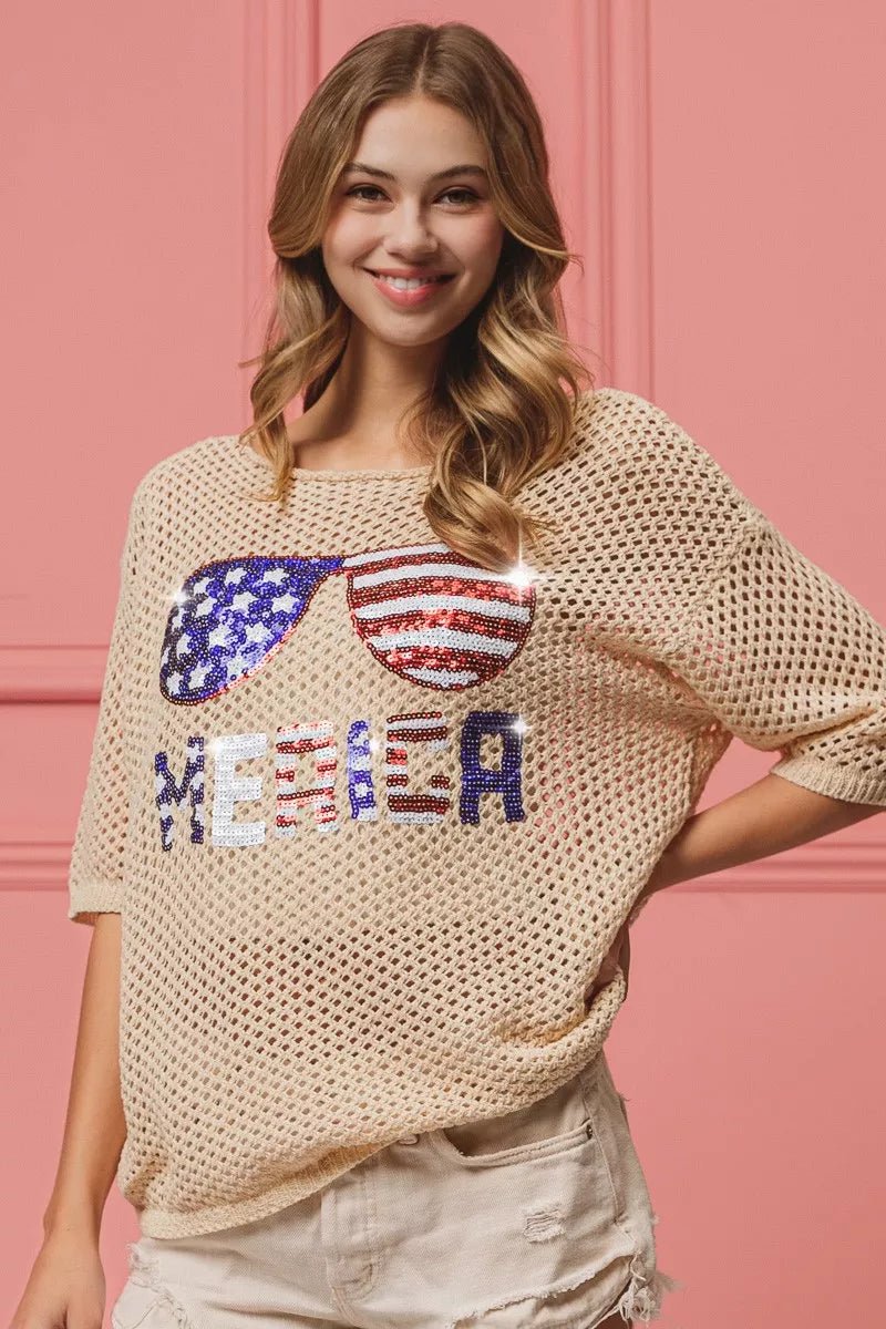 BiBi Sequin American Flag Sunglasses Knit Cover Up - Wow Store