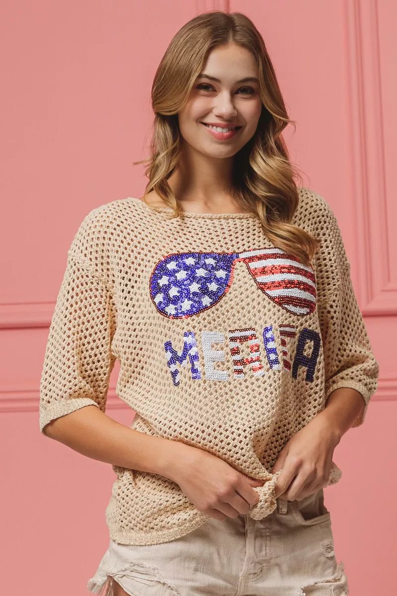 BiBi Sequin American Flag Sunglasses Knit Cover Up - Wow Store