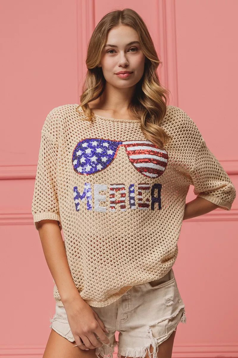 BiBi Sequin American Flag Sunglasses Knit Cover Up - Wow Store