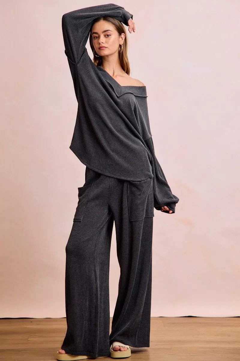 BiBi Two Tone Cord Rib Contrast Stitching V - Neck Top and Pants Set - Wow Store
