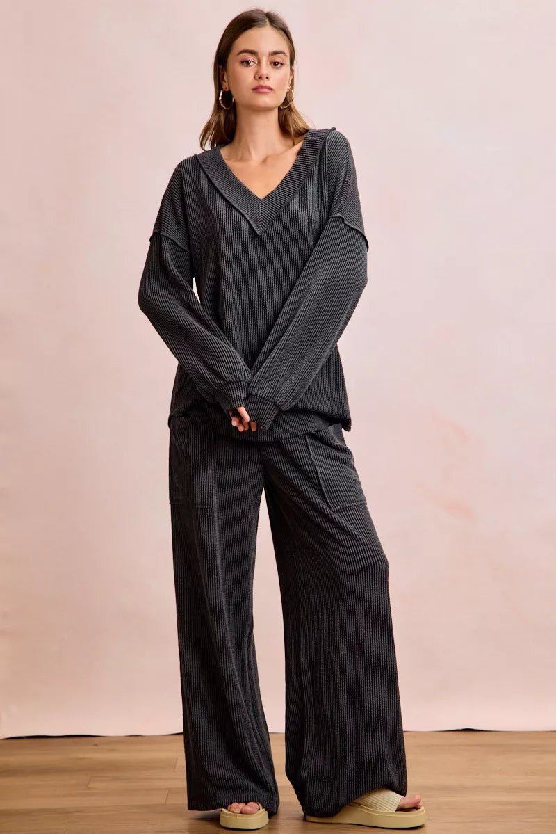 BiBi Two Tone Cord Rib Contrast Stitching V - Neck Top and Pants Set - Wow Store