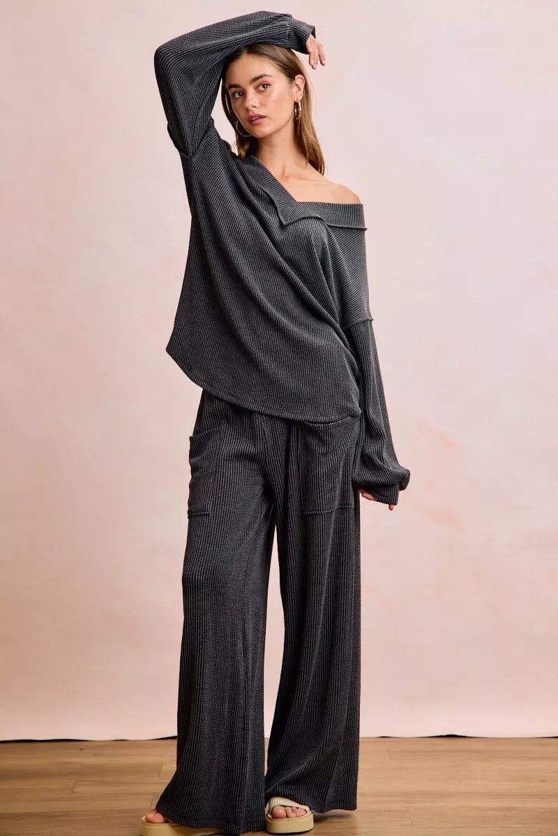 BiBi Two Tone Cord Rib Contrast Stitching V - Neck Top and Pants Set - Wow Store