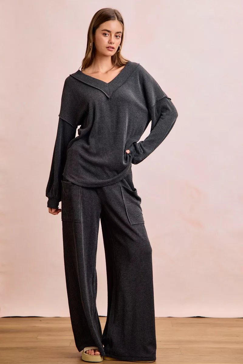 BiBi Two Tone Cord Rib Contrast Stitching V - Neck Top and Pants Set - Wow Store