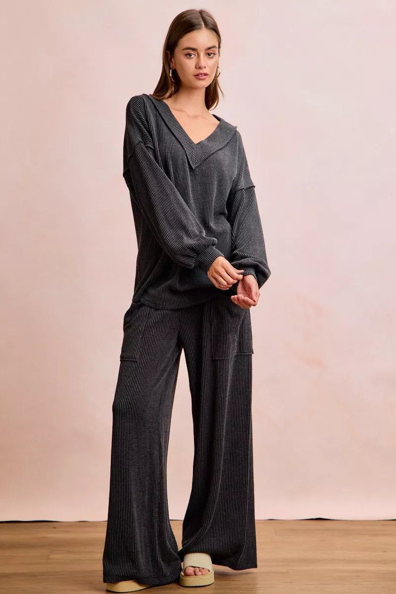 BiBi Two Tone Cord Rib Contrast Stitching V - Neck Top and Pants Set - Wow Store