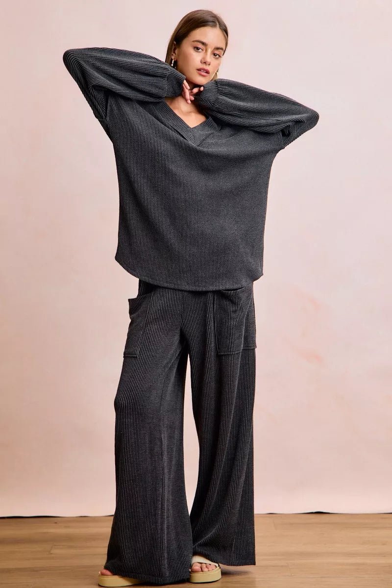 BiBi Two Tone Cord Rib Contrast Stitching V - Neck Top and Pants Set - Wow Store